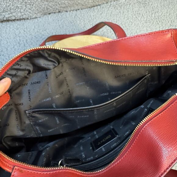 DKNY Structured Tote Shoulder Bag Womens Red Leather Logo Charm - Picture 12 of 16